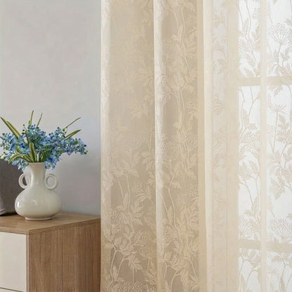 RYKA Cotton Net Sheer Door Curtain | Lilly Patten Printed | Sunlight Filtering Linen Texture | Eyelet Hanging (7FT) | Lilly Cream (Pack of 1)