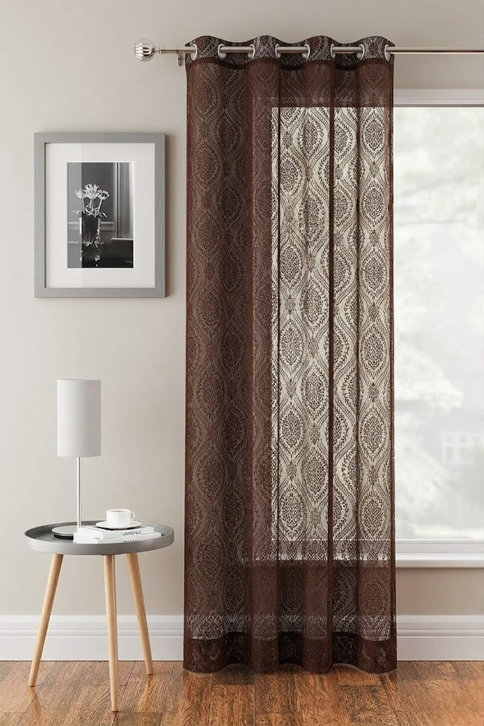 RYKA Cotton Net Sheer Door Curtain | Damsak Patten Printed | Sunlight Filtering Linen Texture | Eyelet Hanging (7FT) | Damsak Brown (Pack of 1)