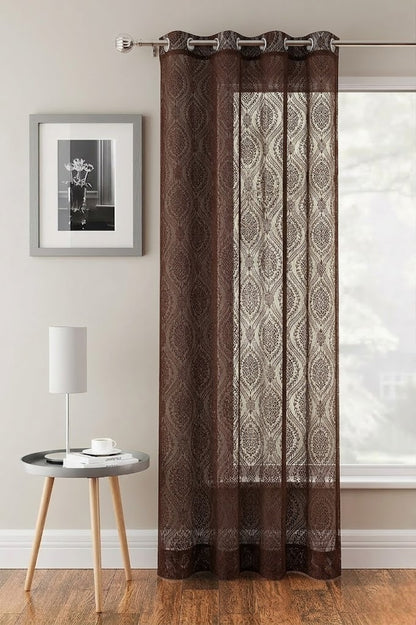 RYKA Cotton Net Sheer Door Curtain | Damsak Patten Printed | Sunlight Filtering Linen Texture | Eyelet Hanging (7FT) | Damsak Brown (Pack of 1)