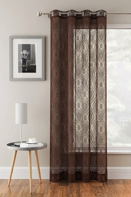 RYKA Cotton Net Sheer Door Curtain | Damsak Patten Printed | Sunlight Filtering Linen Texture | Eyelet Hanging (7FT) | Damsak Brown (Pack of 1)