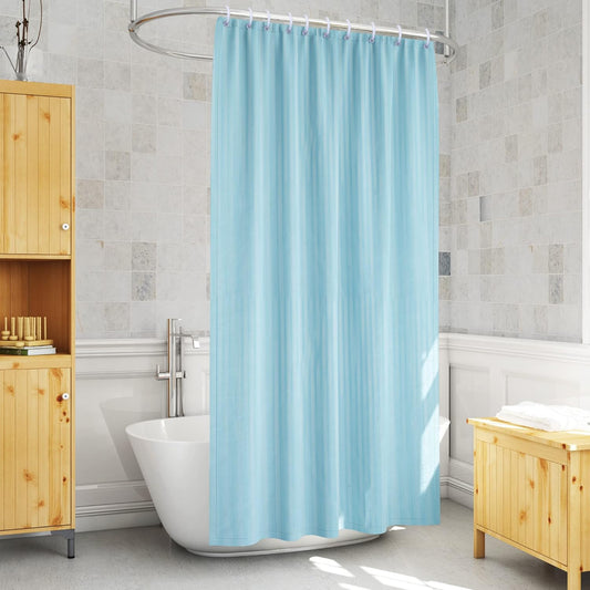 RYKA PVC Plain Striped Shower Curtain | Waterproof Fabric Bathroom Curtain with 8 Hooks | Modern Plain Stripe Design | Sky Blue (Pack of 1)