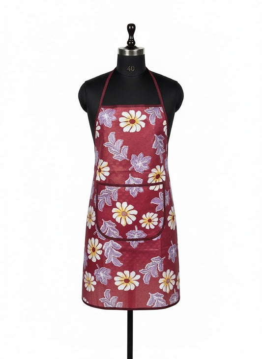 RYKA Apron | PVC Cooking Kitchen Apron | Center Pocket Apron for Restaurent | Floral Printed Apron for Kitchen | Chef Apron with Ties | Red (Pack of 1)