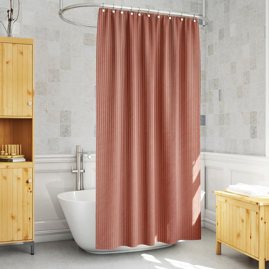 RYKA PVC Plain Striped Shower Curtain | Waterproof Fabric Bathroom Curtain with 8 Hooks | Modern Plain Stripe Design | Brown (Pack of 1)