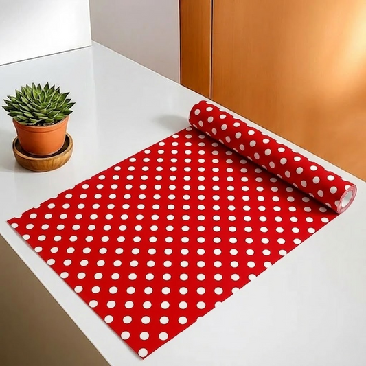 RYKA Shelf Mat | Polka Printed Desk Mat | Placemat for Kitchen | PVC Non-Slip Drawer Sheets| Kitchen Cabinet Shelf Liner | 5 Meter (Red)