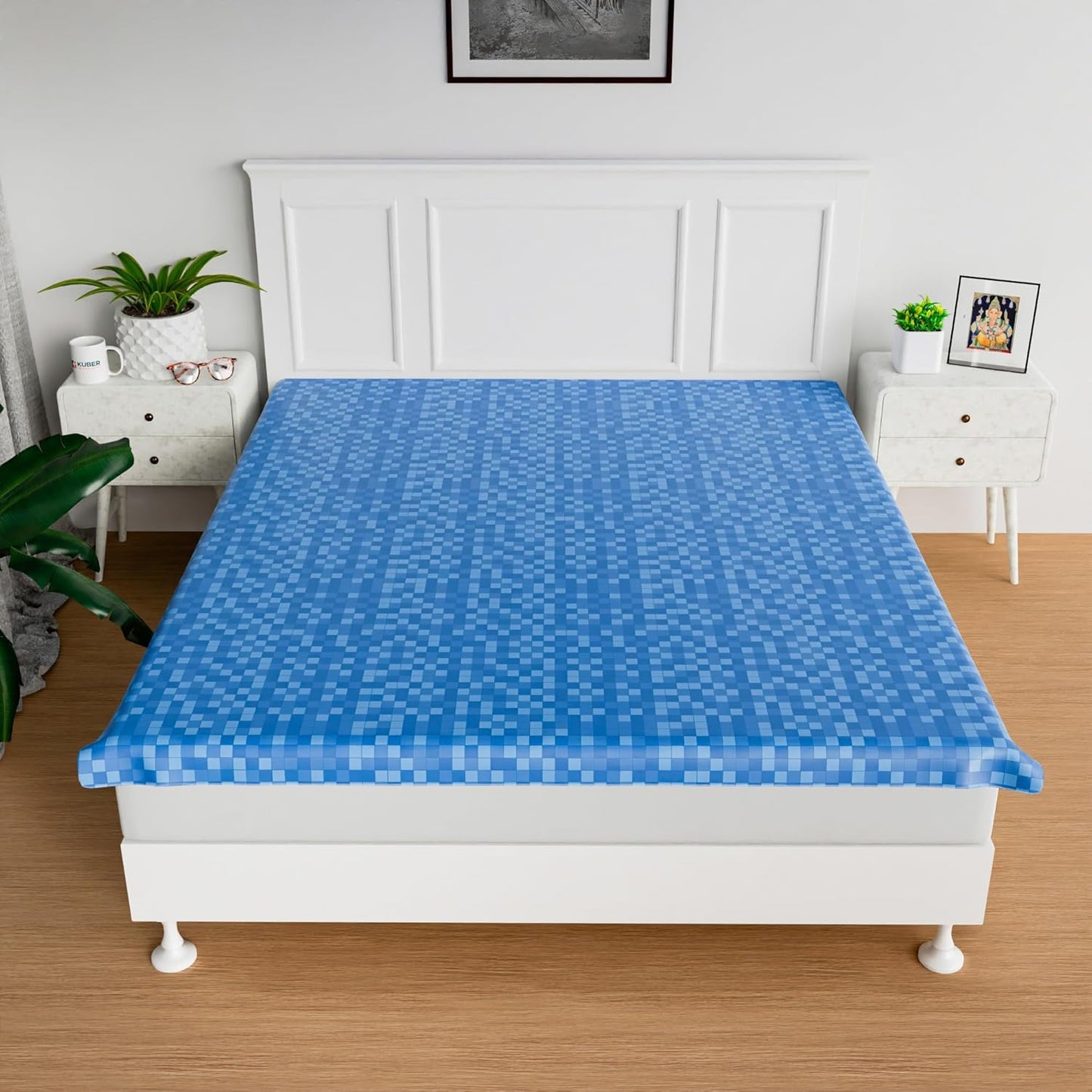 RYKA Double Bed Mattress Protector | Leak Proof Mattress Cover for Bed | Bedsheets Waterproof Cover | 80x80 Inch | Check Design | Blue (Pack of 1)