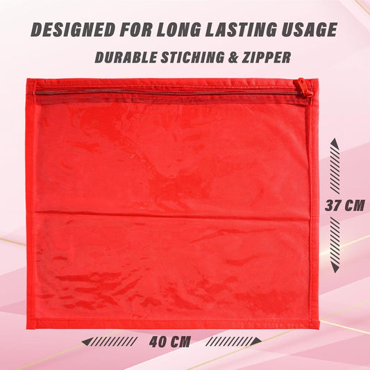 RYKA Non-Woven Single Saree Bags Golden Colour | Transparent Saree Covers With Zip | Saree Covers For Storage, Wardrobe Organiser | Size-36x42x2CM | Red (Pack of 12)