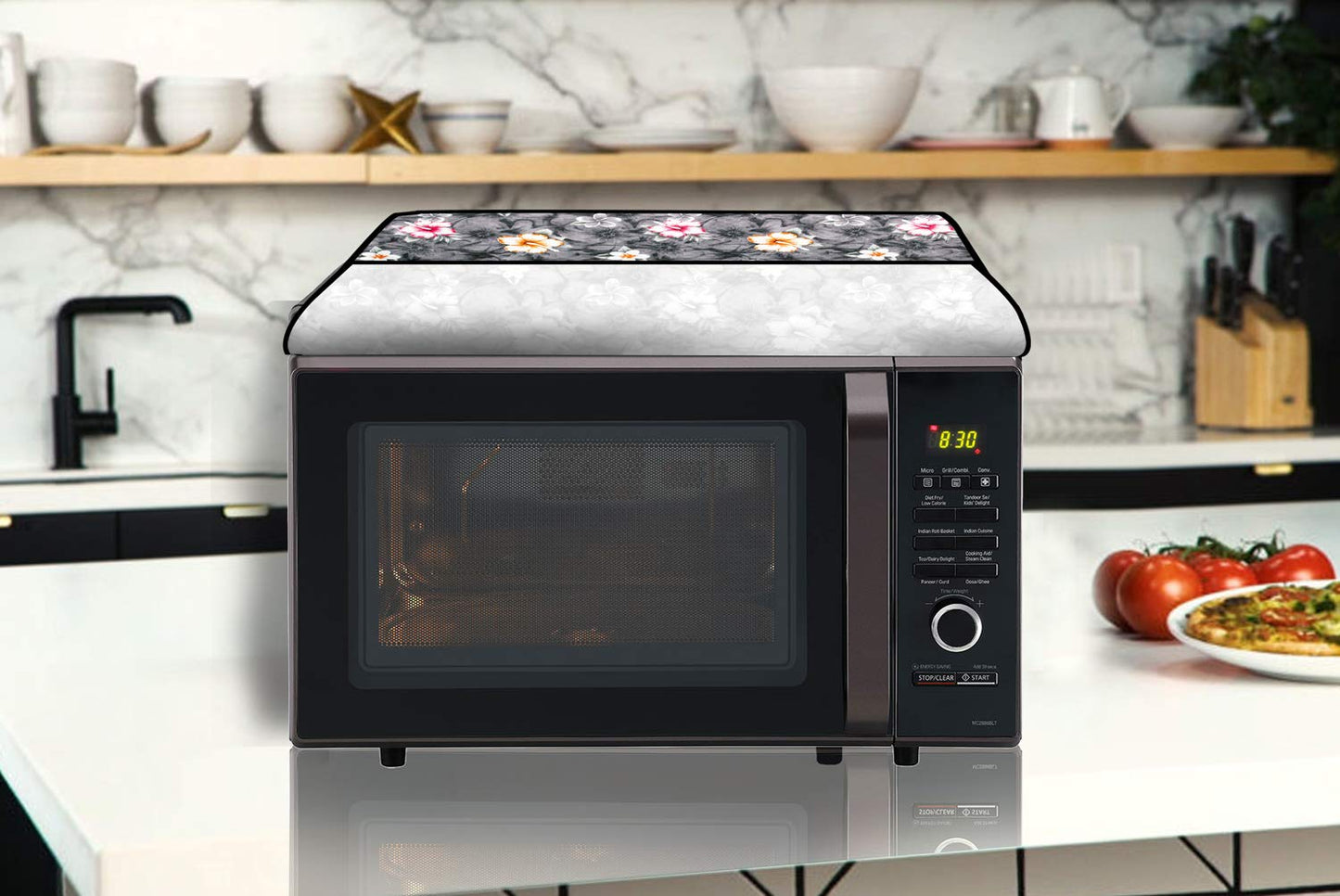RYKA Oven Cover | Non-Woven Microwave Oven Cover with Elegent Design | Oven Cover for Kitchen Decor | Floral Printed Oven Cover | White Flower (Pack of 1)