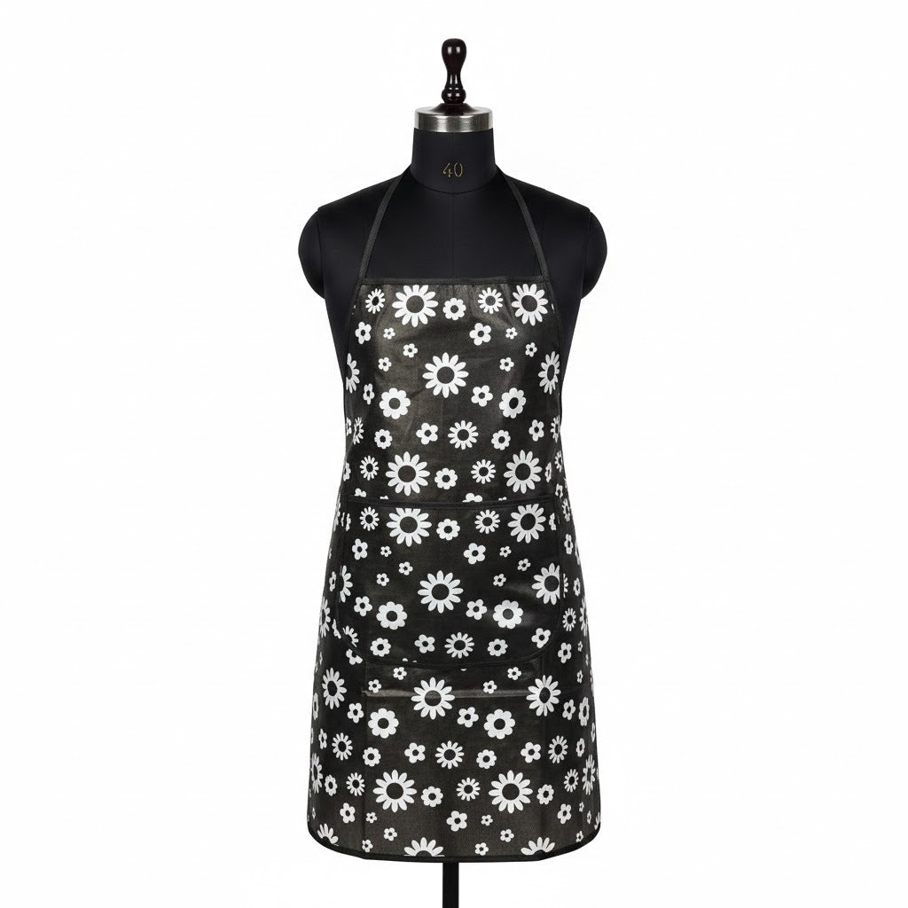 RYKA Apron | PVC Cooking Kitchen Apron | Center Pocket Apron for Restaurent | Floral Printed Apron for Kitchen | Chef Apron with Ties | Black (Pack of 1)