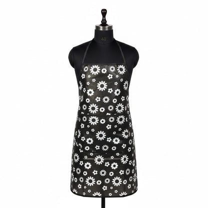 RYKA Apron | PVC Cooking Kitchen Apron | Center Pocket Apron for Restaurent | Floral Printed Apron for Kitchen | Chef Apron with Ties | Black (Pack of 1)