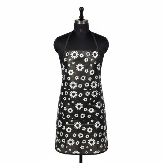 RYKA Apron | PVC Cooking Kitchen Apron | Center Pocket Apron for Restaurent | Floral Printed Apron for Kitchen | Chef Apron with Ties | Black (Pack of 1)