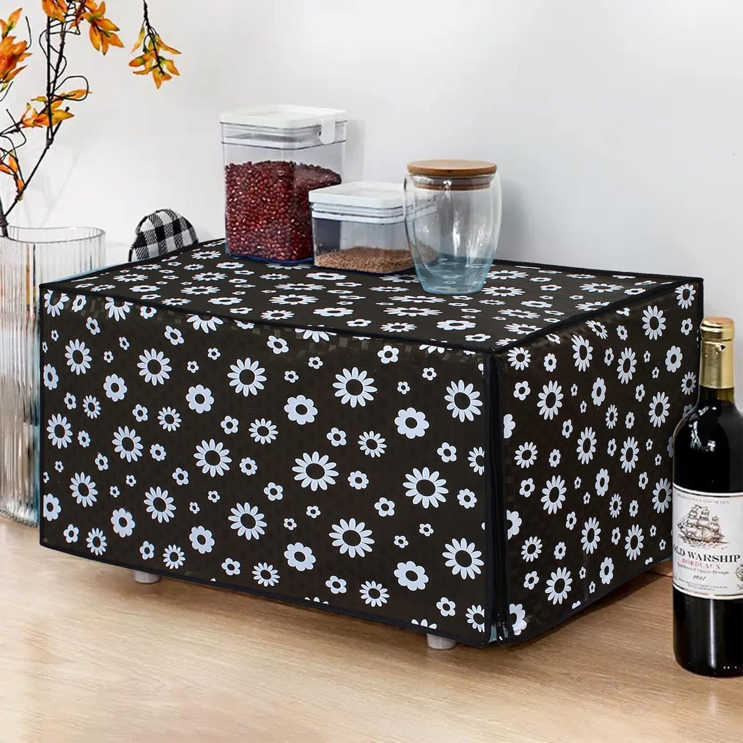 RYKA Oven Cover | Non-Woven Microwave Oven Cover with Elegent Design | Oven Cover for Kitchen Decor | Floral Printed Oven Cover | Black (Pack of 1)