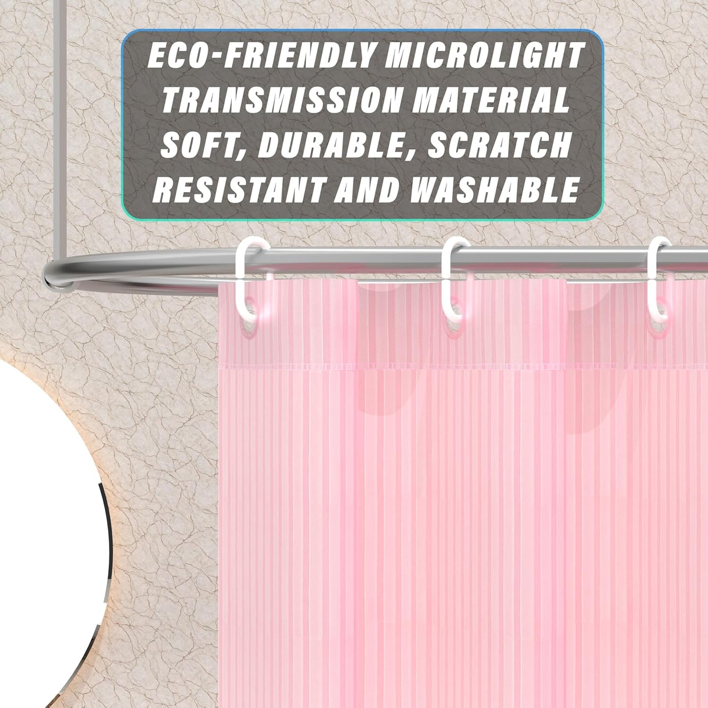 RYKA PVC Plain Striped Shower Curtain | Waterproof Fabric Bathroom Curtain with 8 Hooks | Modern Plain Stripe Design | Pink (Pack of 1)