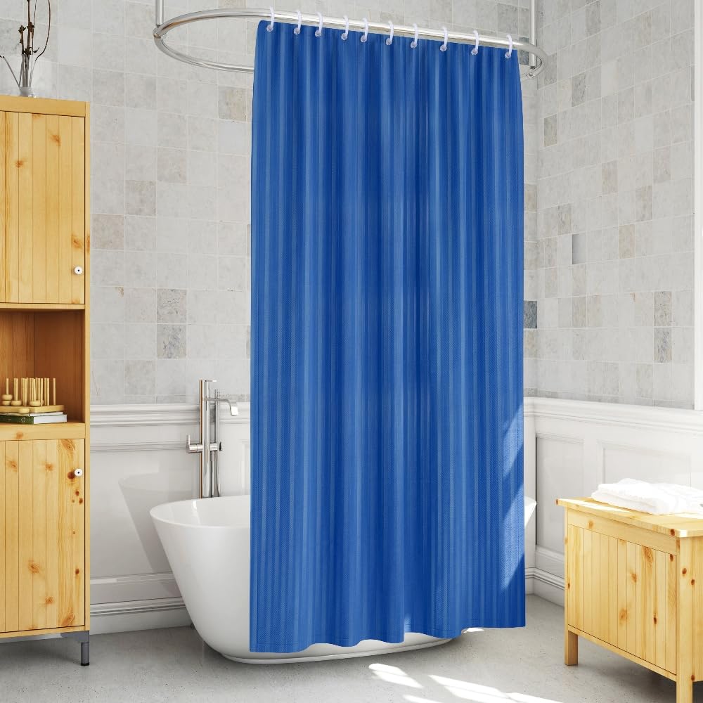 RYKA PVC Plain Striped Shower Curtain | Waterproof Fabric Bathroom Curtain with 8 Hooks | Modern Plain Stripe Design | Dark Blue (Pack of 1)