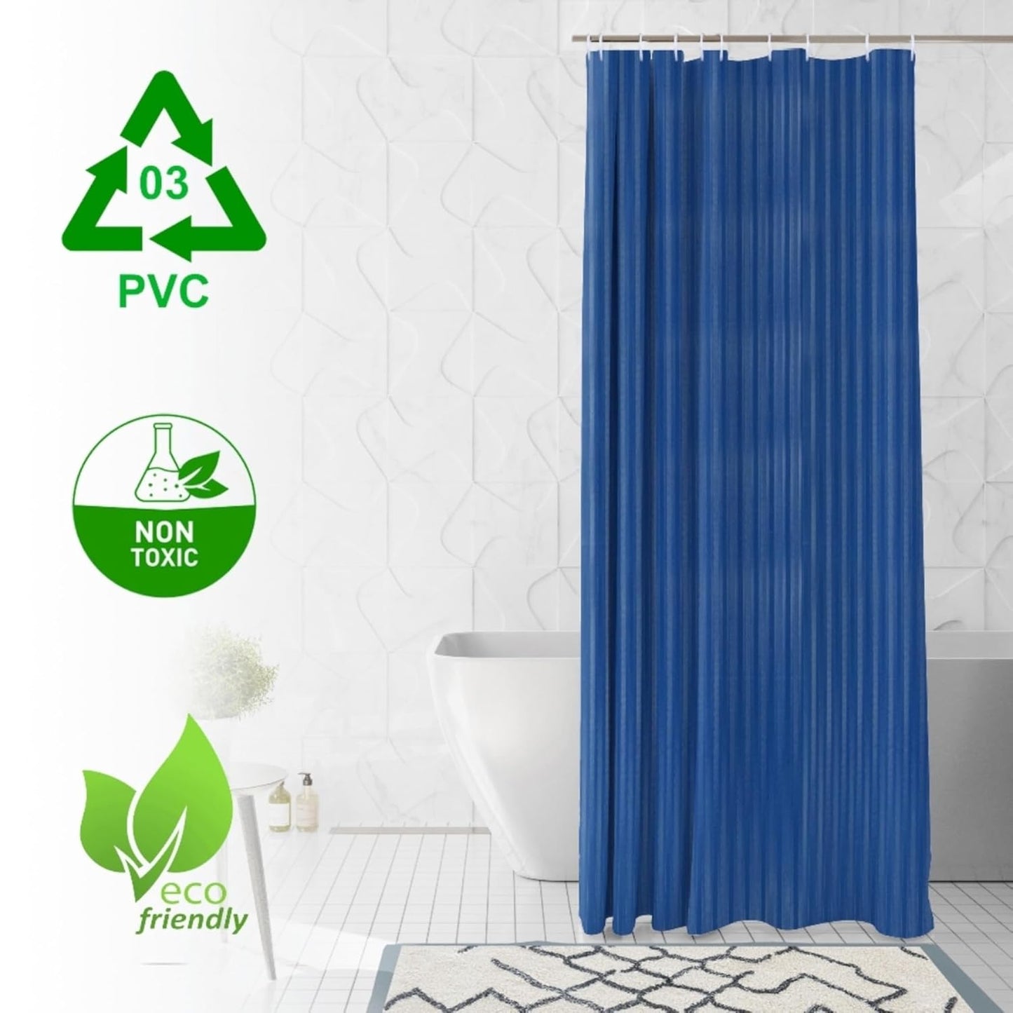 RYKA PVC Plain Striped Shower Curtain | Waterproof Fabric Bathroom Curtain with 8 Hooks | Modern Plain Stripe Design | Dark Blue (Pack of 1)