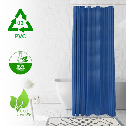 RYKA PVC Plain Striped Shower Curtain | Waterproof Fabric Bathroom Curtain with 8 Hooks | Modern Plain Stripe Design | Dark Blue (Pack of 1)