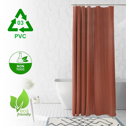 RYKA PVC Plain Striped Shower Curtain | Waterproof Fabric Bathroom Curtain with 8 Hooks | Modern Plain Stripe Design | Brown (Pack of 1)