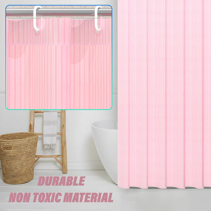 RYKA PVC Plain Striped Shower Curtain | Waterproof Fabric Bathroom Curtain with 8 Hooks | Modern Plain Stripe Design | Pink (Pack of 1)