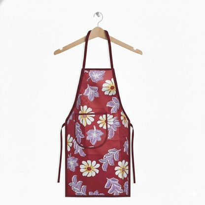RYKA Apron | PVC Cooking Kitchen Apron | Center Pocket Apron for Restaurent | Floral Printed Apron for Kitchen | Chef Apron with Ties | Red (Pack of 1)