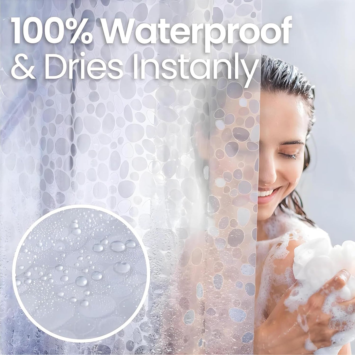 RYKA PVC Plain Diamond Shower Curtain | Waterproof Fabric Bathroom Curtain with 8 Hooks | Modern Plain Stone Design | Transprent (Pack of 1)