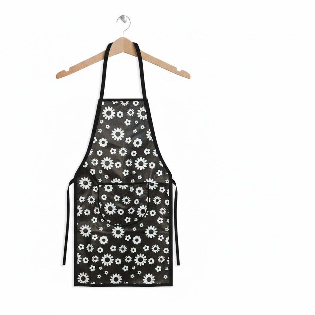 RYKA Apron | PVC Cooking Kitchen Apron | Center Pocket Apron for Restaurent | Floral Printed Apron for Kitchen | Chef Apron with Ties | Black (Pack of 1)