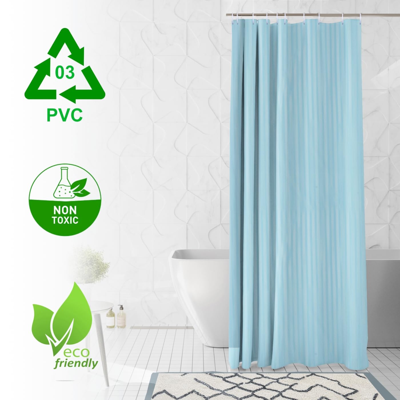 RYKA PVC Plain Striped Shower Curtain | Waterproof Fabric Bathroom Curtain with 8 Hooks | Modern Plain Stripe Design | Sky Blue (Pack of 1)