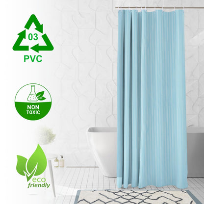 RYKA PVC Plain Striped Shower Curtain | Waterproof Fabric Bathroom Curtain with 8 Hooks | Modern Plain Stripe Design | Sky Blue (Pack of 1)