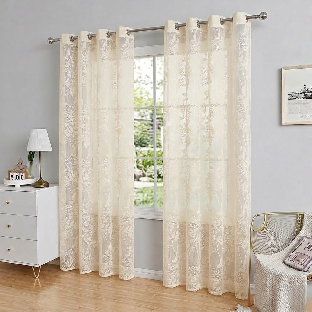 RYKA Cotton Net Sheer Door Curtain | Lilly Patten Printed | Sunlight Filtering Linen Texture | Eyelet Hanging (7FT) | Lilly Cream (Pack of 1)