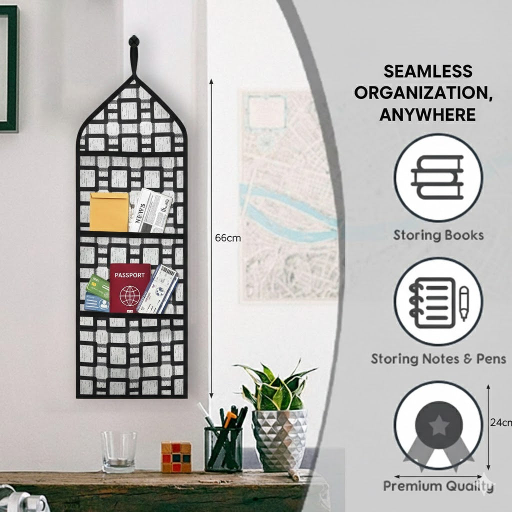 Wall Hanging Storage Organizer with 3 Pockets | Multipurpose Wall Hanging for Storage | PVC Wall Storage Bag for Bedroom, Bathroom, Kitchen & Kids Room | Grey Biscuit Printed (Pack of 1)
