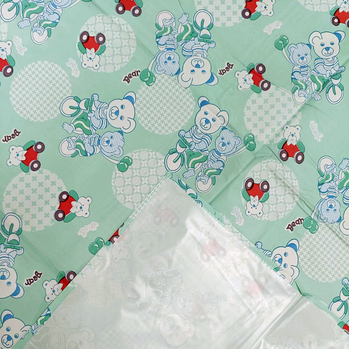 RYKA Printed Waterproof Baby Crib Bedsheet  | PVC Urine Proof Mattress Protector | Plastic Sheet for Newborn & Toddler | Green Bear (Pack of 1)