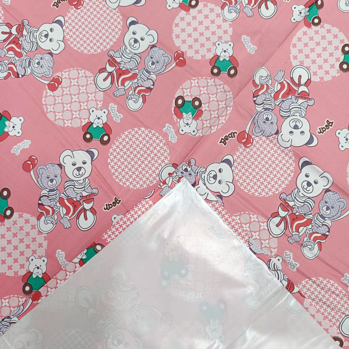 RYKA Printed Waterproof Baby Crib Bedsheet  | PVC Urine Proof Mattress Protector | Plastic Sheet for Newborn & Toddler | Pink Bear (Pack of 1)