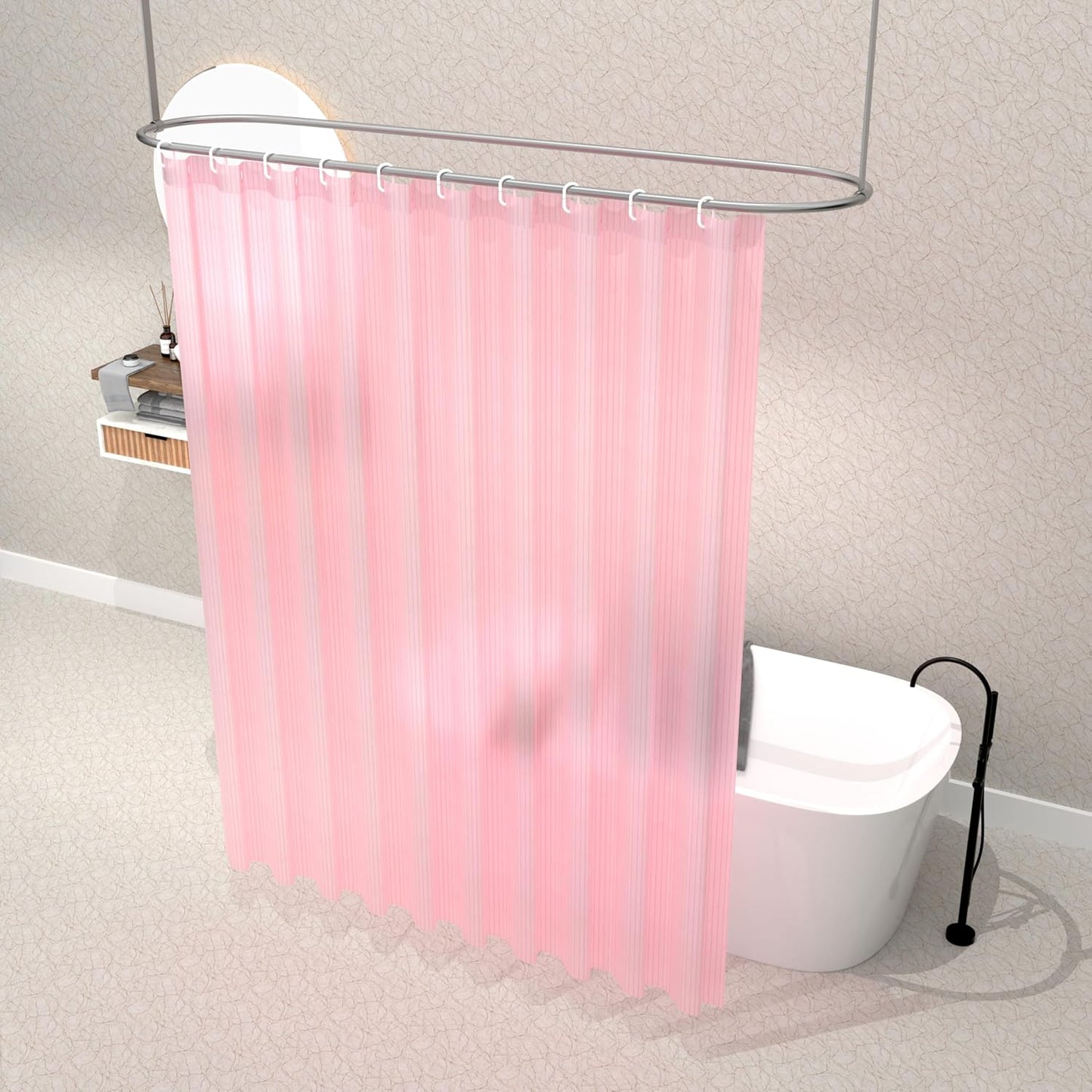 RYKA PVC Plain Striped Shower Curtain | Waterproof Fabric Bathroom Curtain with 8 Hooks | Modern Plain Stripe Design | Pink (Pack of 1)