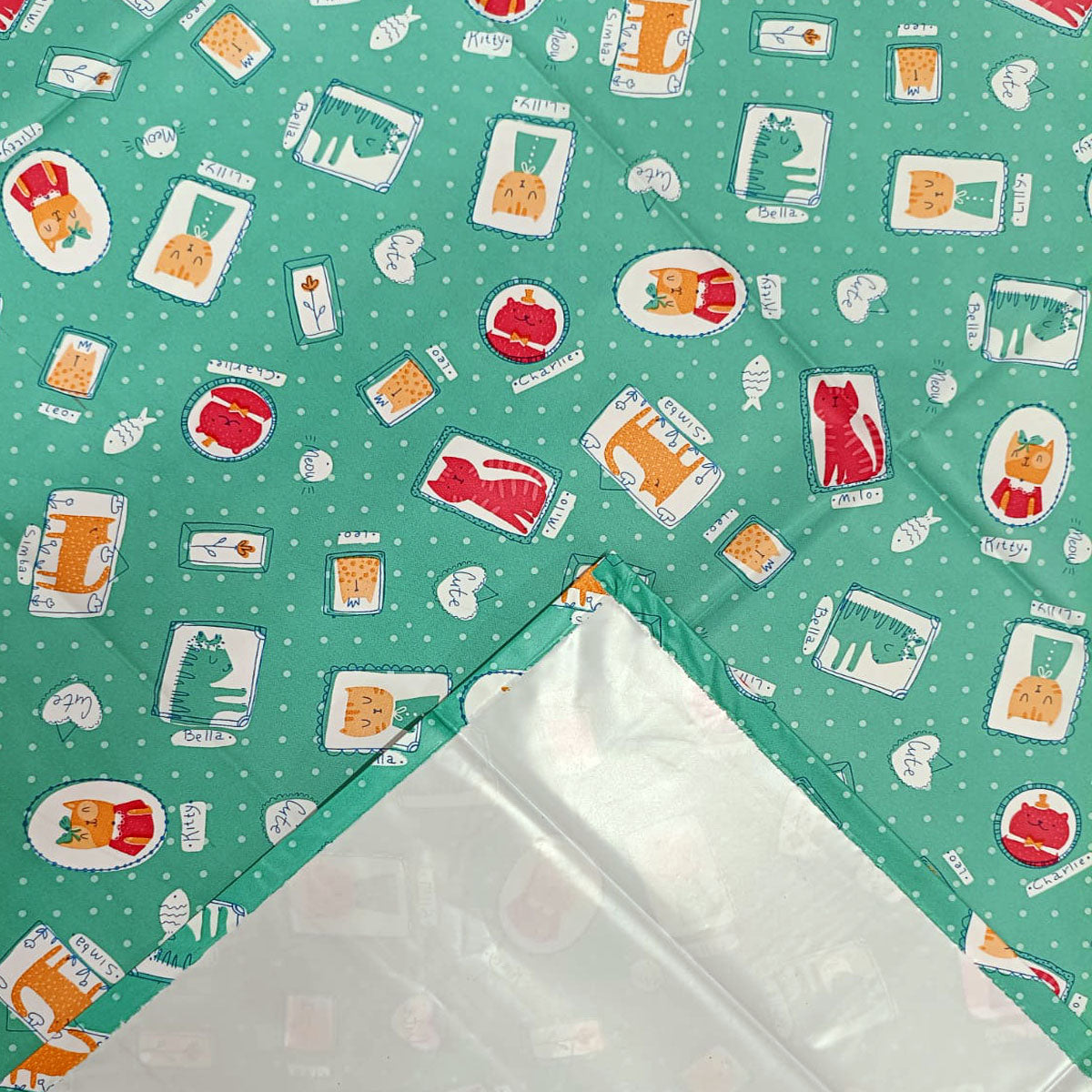 RYKA Printed Waterproof Baby Crib Bedsheet  | PVC Urine Proof Mattress Protector | Plastic Sheet for Newborn & Toddler | Green Kitty (Pack of 1)