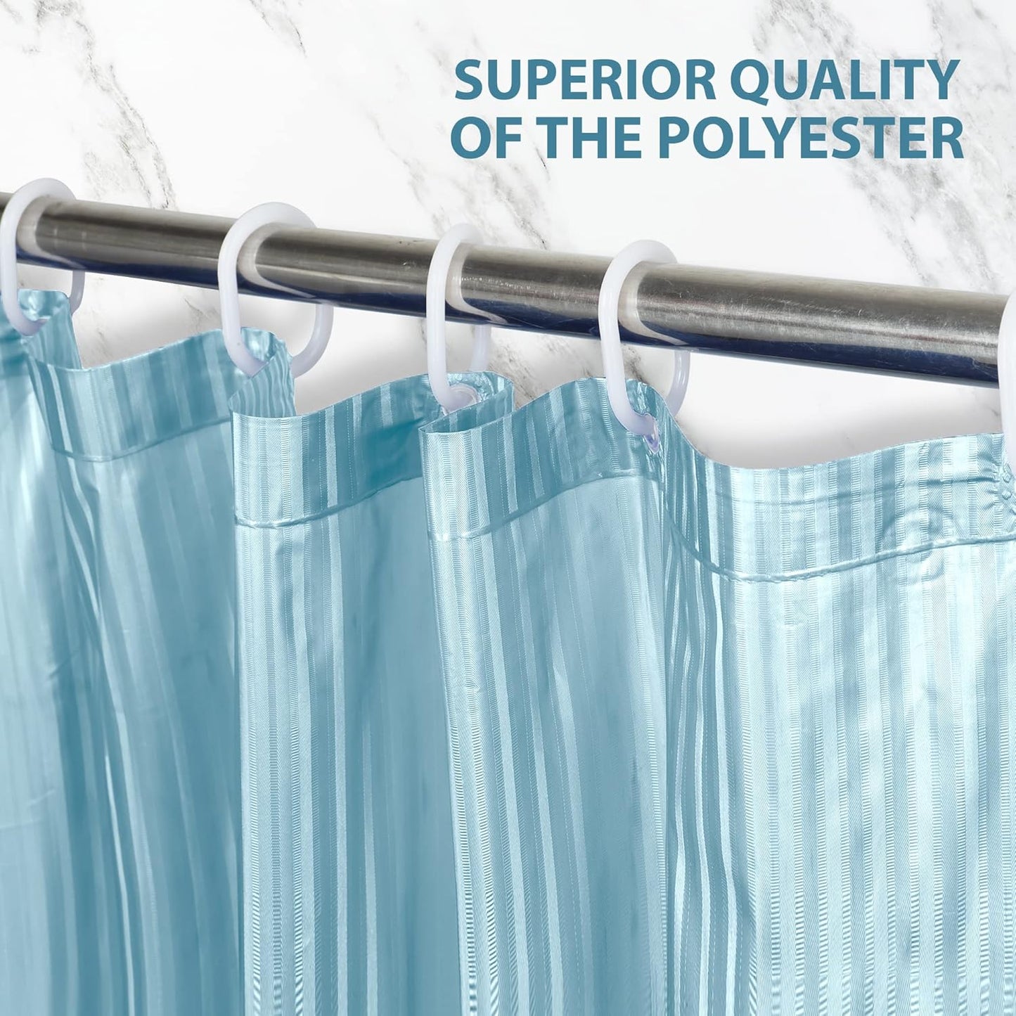 RYKA PVC Plain Striped Shower Curtain | Waterproof Fabric Bathroom Curtain with 8 Hooks | Modern Plain Stripe Design | Sky Blue (Pack of 1)