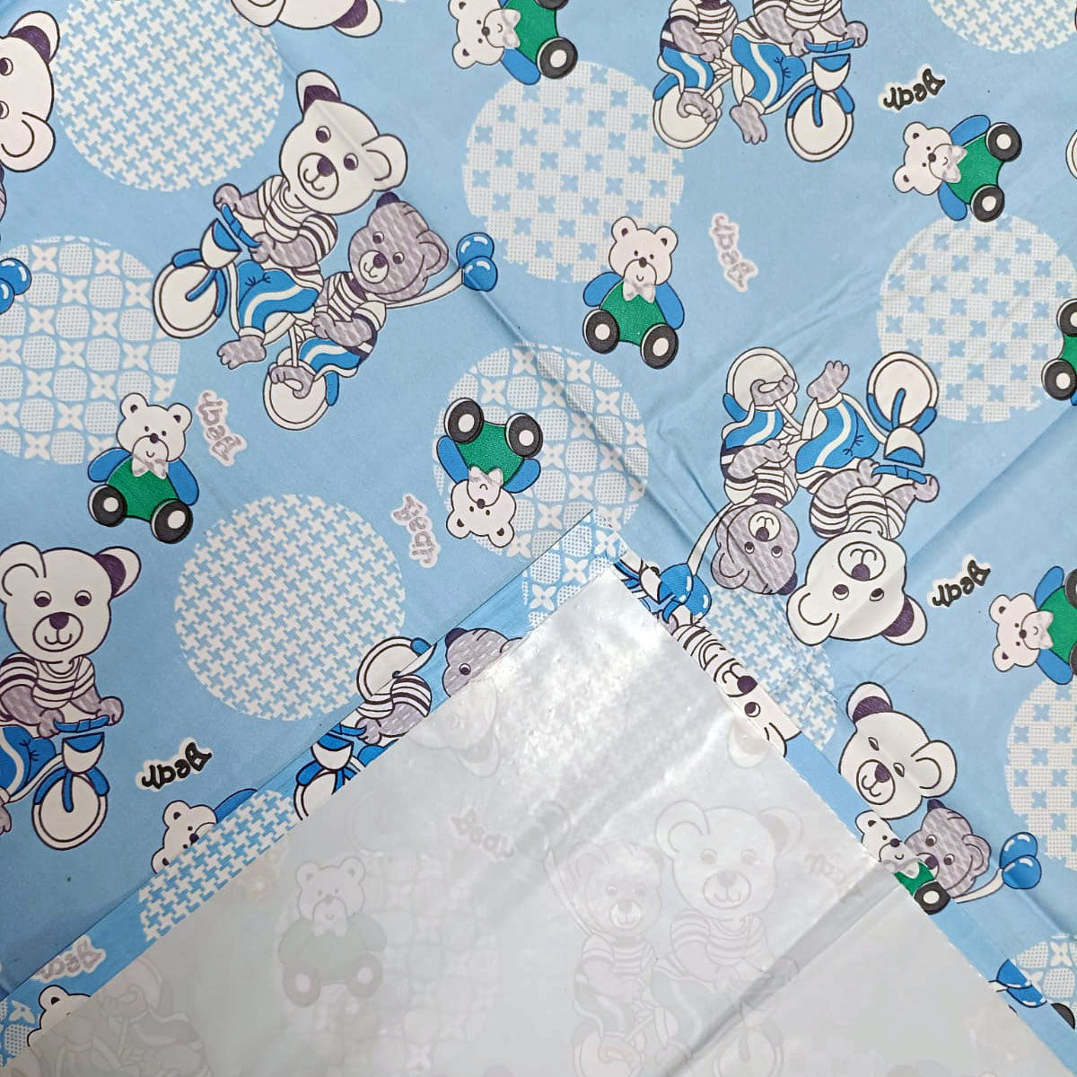 RYKA Printed Waterproof Baby Crib Bedsheet  | PVC Urine Proof Mattress Protector | Plastic Sheet for Newborn & Toddler | Blue Bear (Pack of 1)