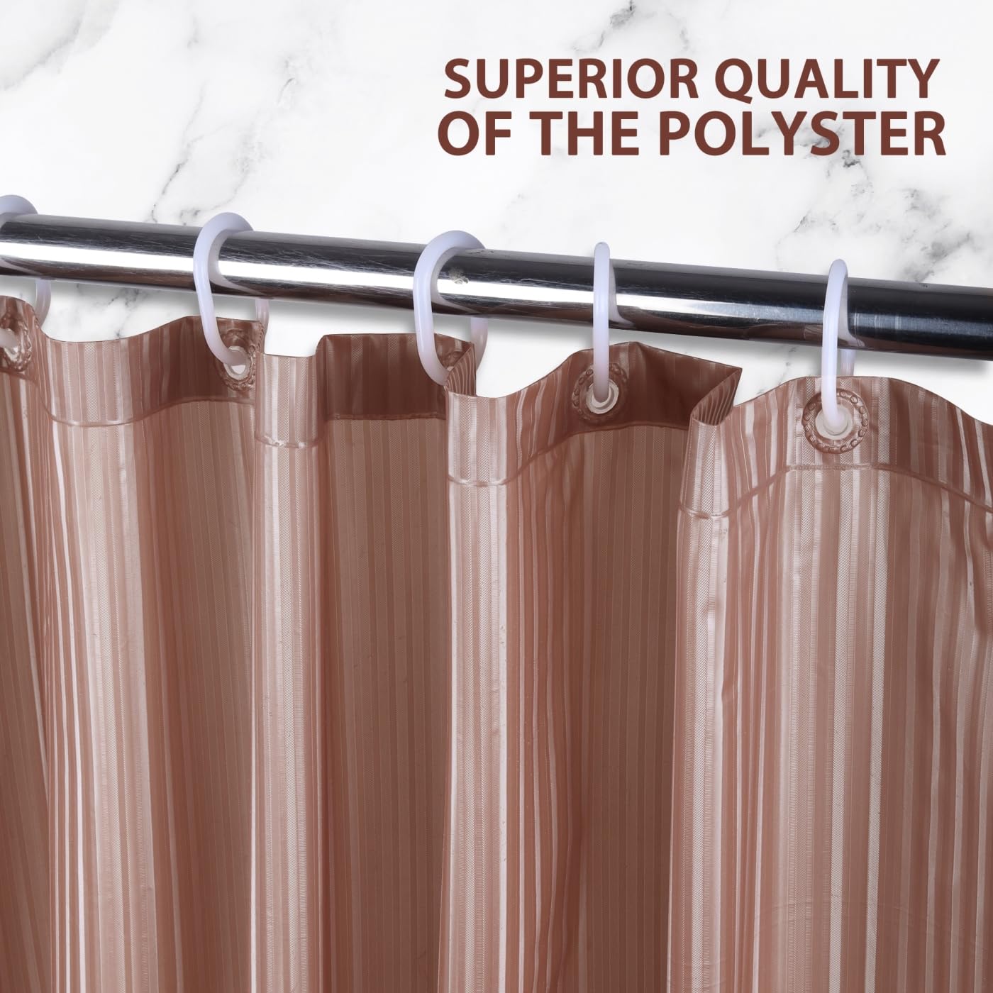 RYKA PVC Plain Striped Shower Curtain | Waterproof Fabric Bathroom Curtain with 8 Hooks | Modern Plain Stripe Design | Brown (Pack of 1)