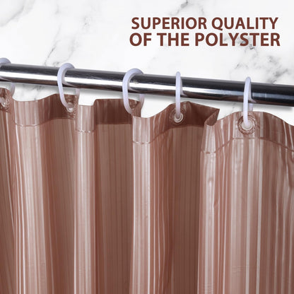 RYKA PVC Plain Striped Shower Curtain | Waterproof Fabric Bathroom Curtain with 8 Hooks | Modern Plain Stripe Design | Brown (Pack of 1)
