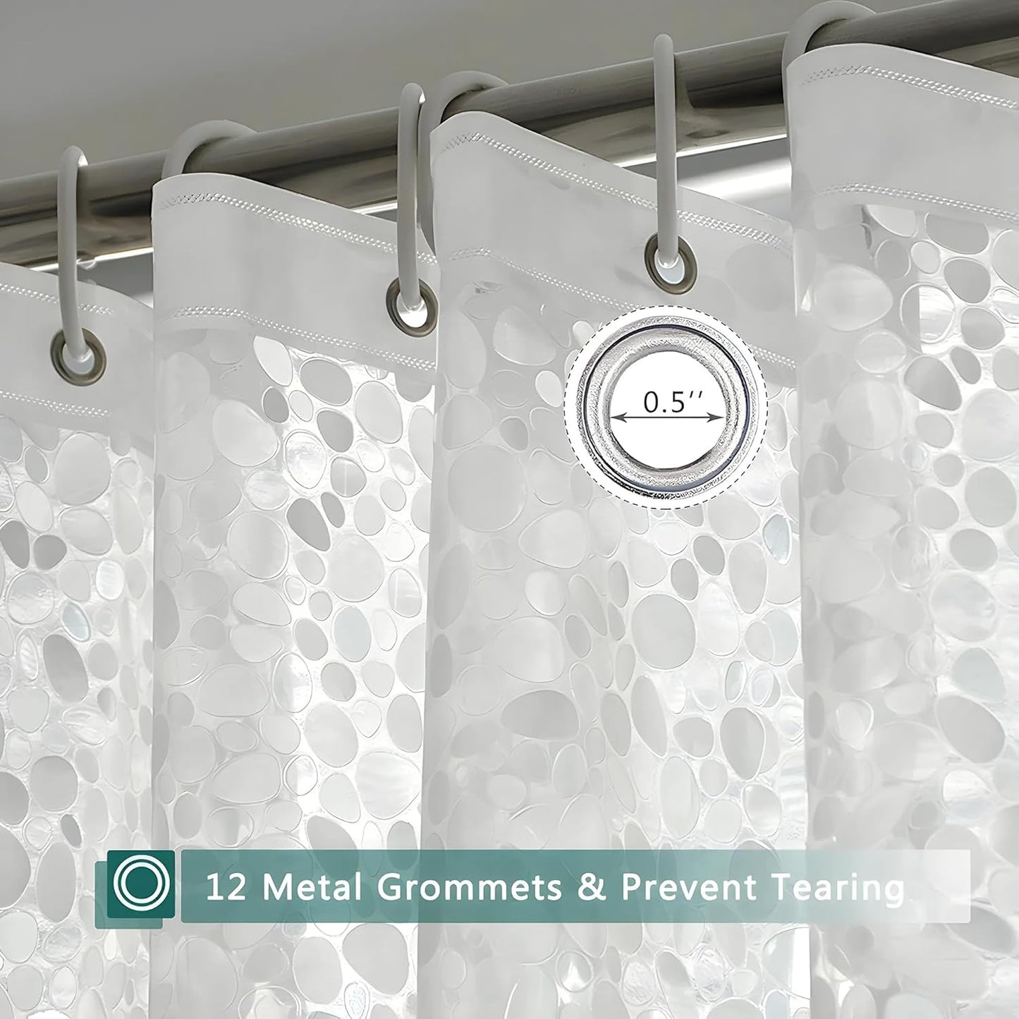 RYKA PVC Plain Diamond Shower Curtain | Waterproof Fabric Bathroom Curtain with 8 Hooks | Modern Plain Stone Design | Transprent (Pack of 1)