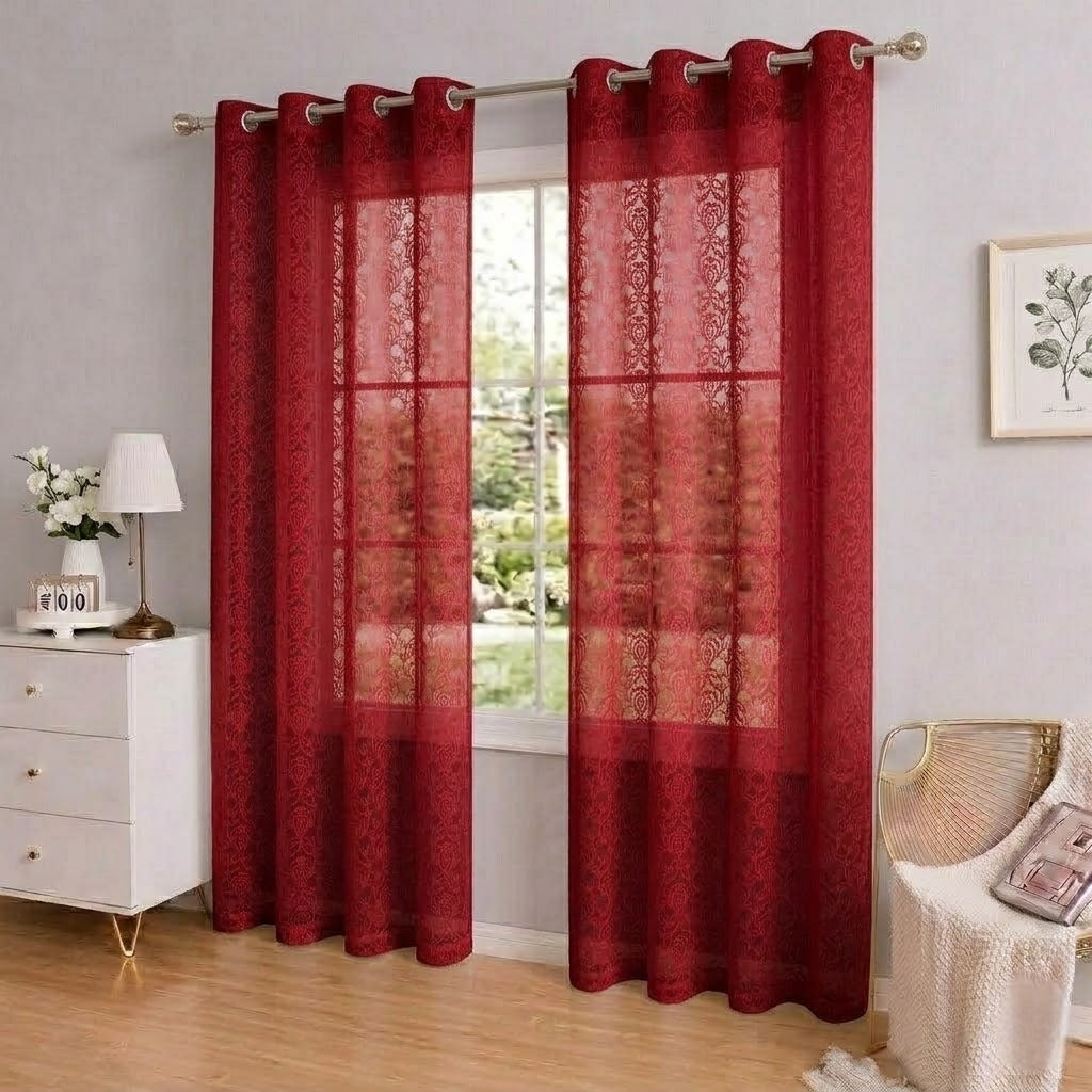 RYKA Cotton Net Sheer Door Curtain | Jall Patten Printed | Sunlight Filtering Linen Texture | Eyelet Hanging (7FT) | Jall Maroon (Pack of 1)