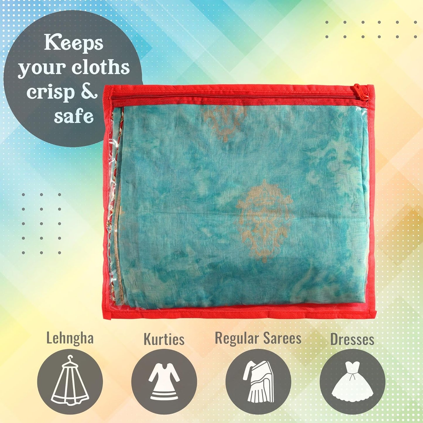 RYKA Non-Woven Single Saree Bags Golden Colour | Transparent Saree Covers With Zip | Saree Covers For Storage, Wardrobe Organiser | Size-36x42x2CM | Red (Pack of 6)