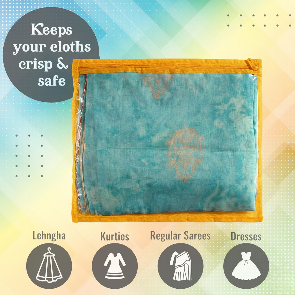 RYKA Non-Woven Single Saree Bags Golden Colour | Transparent Saree Covers With Zip | Saree Covers For Storage, Wardrobe Organiser | Size-36x42x2CM | Yellow (Pack of 12)
