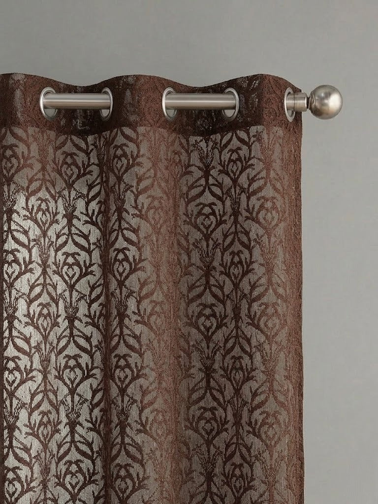 RYKA Cotton Net Sheer Door Curtain | Jall Patten Printed | Sunlight Filtering Linen Texture | Eyelet Hanging (7FT) | Jall Brown (Pack of 1)