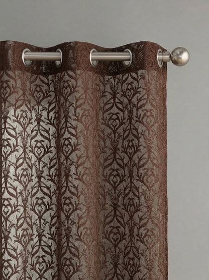 RYKA Cotton Net Sheer Door Curtain | Jall Patten Printed | Sunlight Filtering Linen Texture | Eyelet Hanging (7FT) | Jall Brown (Pack of 1)