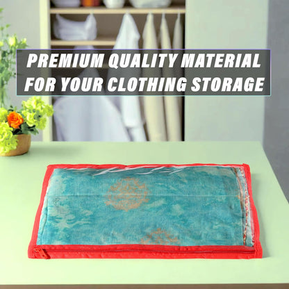 RYKA Non-Woven Single Saree Bags Golden Colour | Transparent Saree Covers With Zip | Saree Covers For Storage, Wardrobe Organiser | Size-36x42x2CM | Red (Pack of 12)