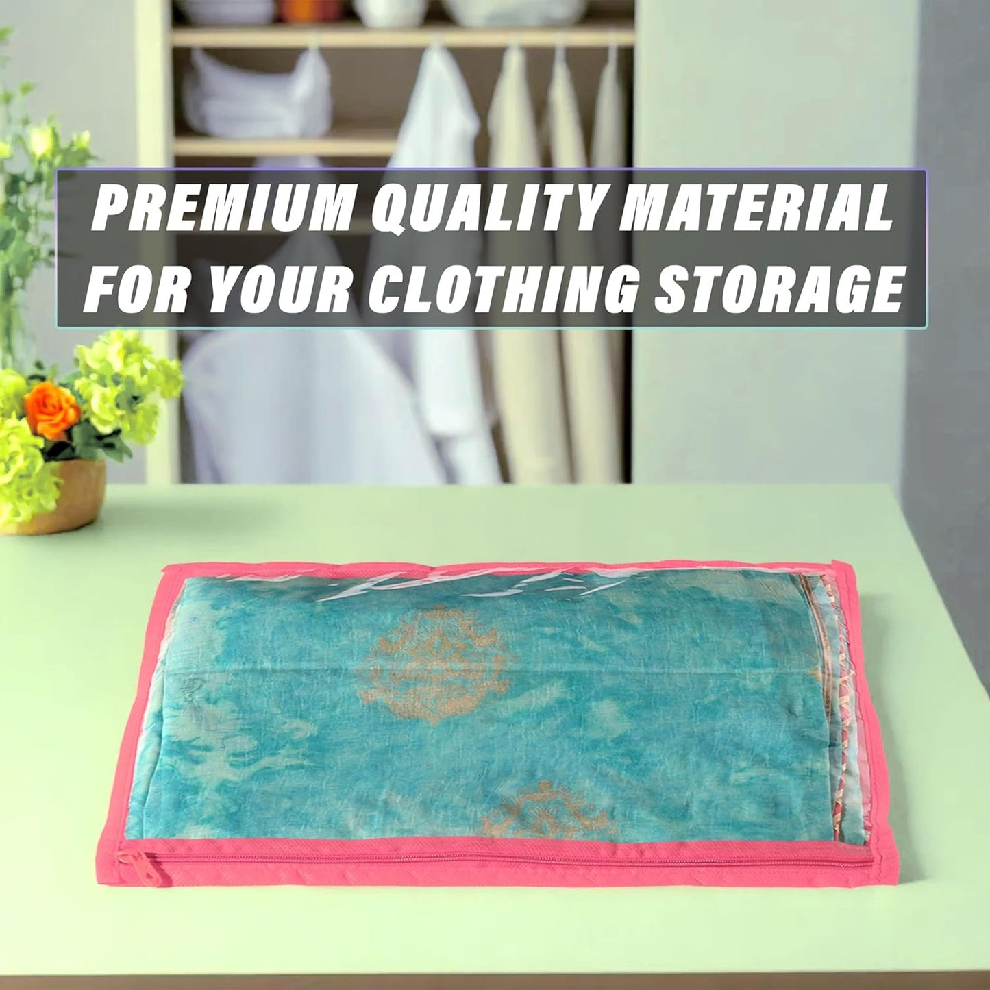 RYKA Non-Woven Single Saree Bags Golden Colour | Transparent Saree Covers With Zip | Saree Covers For Storage, Wardrobe Organiser | Size-36x42x2CM | Pink (Pack of 12)