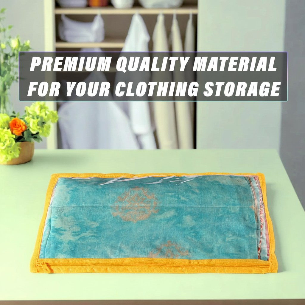 RYKA Non-Woven Single Saree Bags Golden Colour | Transparent Saree Covers With Zip | Saree Covers For Storage, Wardrobe Organiser | Size-36x42x2CM | Yellow (Pack of 6)