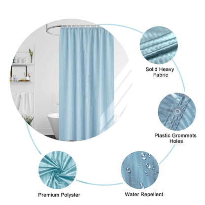 RYKA PVC Plain Striped Shower Curtain | Waterproof Fabric Bathroom Curtain with 8 Hooks | Modern Plain Stripe Design | Sky Blue (Pack of 1)