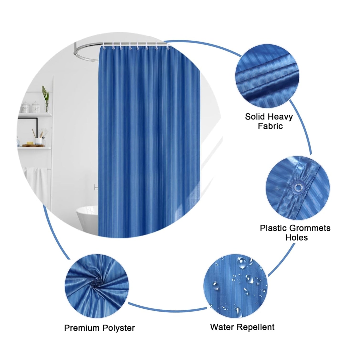 RYKA PVC Plain Striped Shower Curtain | Waterproof Fabric Bathroom Curtain with 8 Hooks | Modern Plain Stripe Design | Dark Blue (Pack of 1)