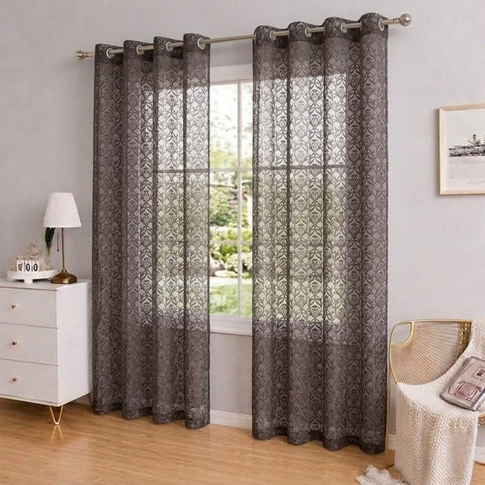 RYKA Cotton Net Sheer Door Curtain | Jall Patten Printed | Sunlight Filtering Linen Texture | Eyelet Hanging (7FT) | Jall Brown (Pack of 1)