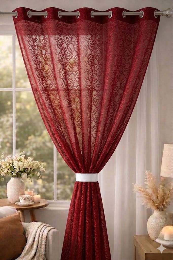 RYKA Cotton Net Sheer Door Curtain | Jall Patten Printed | Sunlight Filtering Linen Texture | Eyelet Hanging (7FT) | Jall Maroon (Pack of 1)