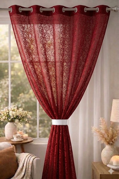 RYKA Cotton Net Sheer Door Curtain | Jall Patten Printed | Sunlight Filtering Linen Texture | Eyelet Hanging (7FT) | Jall Maroon (Pack of 1)